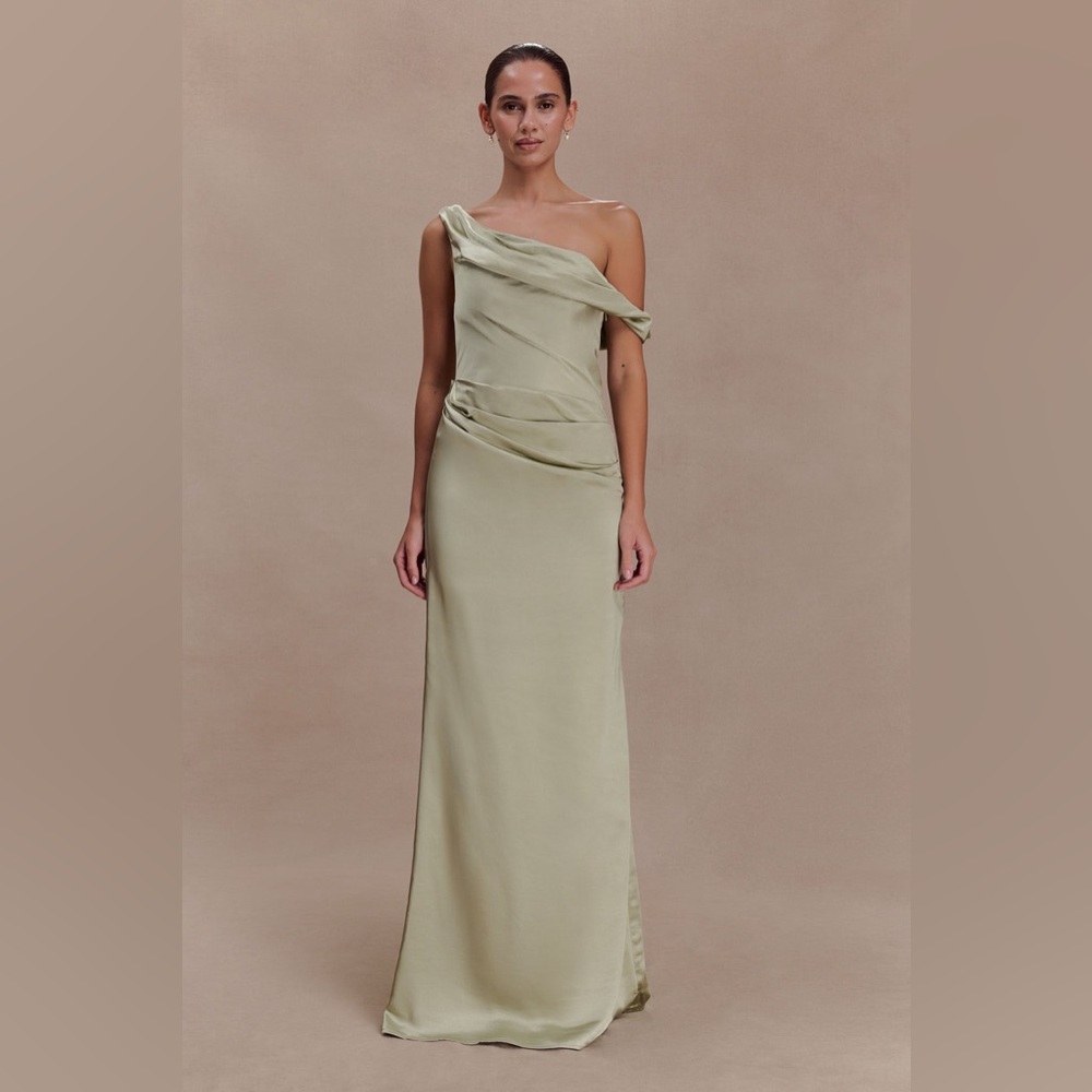 Dalia Off Shoulder Satin Maxi Dress - Sage Green